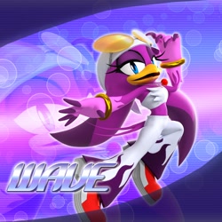 Size: 2048x2048 | Tagged: safe, artist:tailbiscuits, wave the swallow, 2026, 3d, alternate outfit, character name, echo background, english text, fur markings, gloves off, hand out, lidded eyes, looking at viewer, mid-air, mouth open, open smile, outline, smile, solo, text