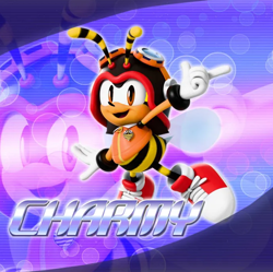 Size: 684x682 | Tagged: safe, artist:tailbiscuits, artist:zenitraee, editor:zenitraee, charmy bee, 2026, 3d, character name, echo background, edit, english text, mid-air, mouth open, open smile, outline, pointing, smile, solo, text