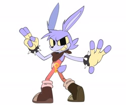Size: 2048x1701 | Tagged: safe, artist:justanimaniac, rabbit, 2026, bandana, barely sonic related, boots, crossover, fingerless gloves, flat colors, gloves, jax (the amazing digital circus), key, looking at viewer, mobianified, overalls, simple background, smile, solo, spiked bracelet, the amazing digital circus, white background, yellow sclera