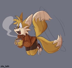 Size: 1200x1139 | Tagged: safe, artist:la_tails, miles "tails" prower, 2026, alternate outfit, clothes, coffee, drink, floating eyebrows, flying, gloves off, grey background, holding something, looking offscreen, mid-air, mouth open, mug, one fang, open smile, shoelaces, shoes, shorts, signature, simple background, smile, solo, spinning tails, steam, sweater