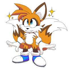 Size: 1328x1292 | Tagged: safe, artist:artrollingbox, miles "tails" prower, fox, 2026, blue shoes, fangs, fur markings, gloves, looking offscreen, male, redesign, shoes, simple background, smile, solo, sparkles, standing, white background