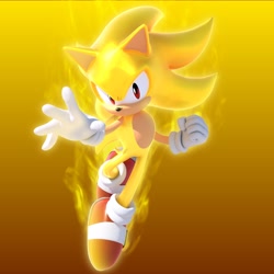 Size: 2048x2048 | Tagged: safe, artist:tailbiscuits, sonic the hedgehog, super sonic, fox, 2026, 3d, aura, clenched fist, flying, gradient background, looking at viewer, male, mid-air, solo, super form