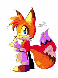 Size: 1528x2048 | Tagged: safe, artist:moonflo49912256, miles "tails" prower, 2026, fur markings, looking at viewer, one fang, redesign, signature, simple background, sketch, smile, solo, standing, v sign, white background