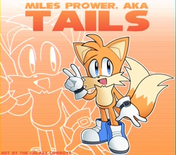Size: 1700x1500 | Tagged: safe, artist:galaxy_cowboy, miles "tails" prower, 2022, blue shoes, character name, echo background, english text, mouth open, open smile, outline, redesign, smile, solo, standing, text, v sign