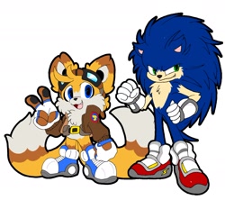 Size: 1786x1589 | Tagged: safe, artist:bizarrexavier, miles "tails" prower, sonic the hedgehog, fox, hedgehog, 2025, aviator jacket, belt, blue shoes, clothes, cute, duo, eyewear on head, fingerless gloves, flat colors, fluffy, fur markings, gloves, goggles, goggles on head, jacket, looking at viewer, looking offscreen, male, one fang, pawpads, redesign, shoes, simple background, smile, sonabetes, tailabetes, v sign, white background