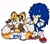 Size: 1786x1589 | Tagged: safe, artist:bizarrexavier, miles "tails" prower, sonic the hedgehog, fox, hedgehog, 2025, aviator jacket, belt, blue shoes, clothes, cute, duo, eyewear on head, fingerless gloves, flat colors, fluffy, fur markings, gloves, goggles, goggles on head, jacket, looking at viewer, looking offscreen, male, one fang, pawpads, redesign, shoes, simple background, smile, sonabetes, tailabetes, v sign, white background