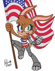 Size: 1400x1800 | Tagged: dead source, safe, artist:purp_in_exile, bunnie rabbot, rabbit, 2025, 4th of july, american flag, anniversary, country flag, cybernetic, cyborg, female, fist, flag, holding something, looking at viewer, open smile, pose, simple background, smile, smiling at viewer, solo, white background