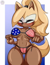 Size: 3200x4160 | Tagged: suggestive, artist:sirjzau, whisper the wolf, wolf, 2024, 4th of july, american flag, bikini, blushing, busty whisper, country flag, female, shy, simple background, solo