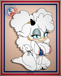Size: 2594x3253 | Tagged: suggestive, artist:chaosknight_1, lanolin the sheep, sheep, 2025, 4th of july, american flag, bikini, blushing, busty lanolin, country flag, english text, female, looking at viewer, simple background, smiling at viewer, smole, solo