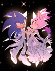 Size: 1110x1428 | Tagged: safe, artist:yadi_delulu, blaze the cat, sonic the hedgehog, cat, hedgehog, alternate outfit, blushing, clothes, dress, female, fully clothed, looking at each other, male, shipping, sonaze, sparkles, straight, suit