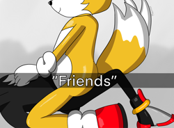 Size: 2048x1510 | Tagged: safe, artist:mdgamerguy, miles "tails" prower, shadow the hedgehog, "friends", 2025, caption, duo, english text, gay, gradient background, lying down, meme, shadow x tails, shipping, sitting, sitting on them, smile, text