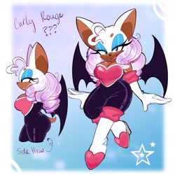 Size: 2048x2048 | Tagged: safe, artist:shadsonline, rouge the bat, 2025, ahoge, alternate hairstyle, arrow, beanbrows, curly hair, english text, lidded eyes, question mark, side view, smile, solo, star (symbol), text