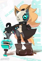 Size: 1418x2048 | Tagged: safe, artist:inkysteven, whisper the wolf, 2026, character name, english text, holding something, mask, mask over eyes, solo, standing, text