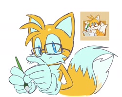 Size: 1962x1558 | Tagged: safe, artist:pwish_, miles "tails" prower, 2026, glasses, looking at viewer, paintbrush, pointing, reference inset, simple background, smile, solo, white background