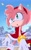 Size: 1259x2048 | Tagged: safe, artist:frogfroggs, amy rose, hedgehog, 2026, :o, amy's halterneck dress, clothes, clouds, daytime, dress, female, looking offscreen, mouth open, outdoors, railing, solo, walking