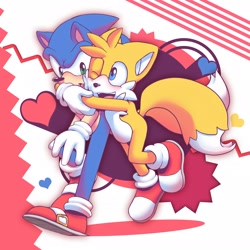 Size: 2048x2048 | Tagged: safe, artist:rexin, miles "tails" prower, sonic the hedgehog, 2016, :o, abstract background, blushing, duo, gay, heart, hugging, hugging from behind, looking at each other, mid-air, mouth open, one eye closed, open smile, shipping, sonic x tails, surprise hug, surprised