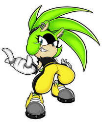 Size: 640x771 | Tagged: safe, artist:xc_the_foxy, surge the tenrec, tenrec, clenched teeth, devil horns (gesture), female, looking at viewer, outline, sharp teeth, simple background, smile, solo, standing, style emulation, transparent background, uekawa style