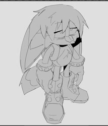 Size: 782x912 | Tagged: safe, artist:indigobeatss, kit the fennec, 2025, chest fluff, flat colors, grey background, greyscale, lidded eyes, looking offscreen, monochrome, simple background, solo, standing