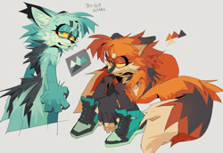 Size: 2048x1413 | Tagged: safe, artist:indigobeatss, miles "tails" prower, 2025, blue fur, blue nose, blue shoes, boots, chest fluff, clenched teeth, color palette, color swap, duality, duo, english text, eyelashes, frown, fur markings, grey background, lidded eyes, looking at viewer, looking offscreen, redesign, shoelaces, simple background, sitting, standing, text, yellow sclera