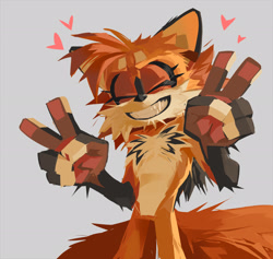 Size: 2048x1942 | Tagged: safe, artist:indigobeatss, miles "tails" prower, 2025, arm fluff, back fluff, cheek fluff, chest fluff, chin fluff, clenched teeth, double v sign, ear fluff, eyelashes, eyes closed, faux 3d, fur markings, gloves off, grey background, heart, lineless, redesign, simple background, smile, solo, standing, tail fluff, v sign, whiskers
