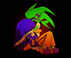Size: 1891x1554 | Tagged: safe, artist:whyz3033, kit the fennec, surge the tenrec, fox, tenrec, 2026, black background, clenched teeth, duo, female, fennec, frown, hugging, hugging from behind, male, outline, simple background, sitting