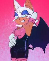 Size: 1644x2048 | Tagged: safe, artist:nssjazmin, rouge the bat, bat, 2026, female, gradient background, hand behind back, looking at viewer, signature, smile, solo, standing, watermark