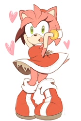 Size: 1334x2000 | Tagged: safe, artist:digi_hammer_, amy rose, hedgehog, 2026, female, grey background, hands behind head, heart, looking at viewer, mouth open, open smile, simple background, smile, solo, standing