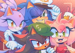 Size: 2039x1447 | Tagged: safe, artist:_kukuun, amy rose, blaze the cat, shadow the hedgehog, sonic the hedgehog, cat, hedgehog, the murder of sonic the hedgehog, 2026, amybetes, apron, blazebetes, blushing, camera, cap, clenched teeth, clothes, cute, dress, female, group, hat, holding something, looking at viewer, male, scarf, selfie, shadowbetes, signature, smile, sonabetes, sparkles, wink