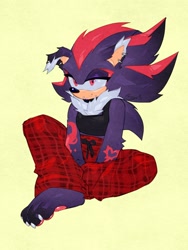 Size: 1200x1600 | Tagged: safe, artist:moonrin__, shadow the hedgehog, hedgehog, 2026, arm fluff, barefoot, claws, clothes, crop top, ear flop, ear fluff, ear piercing, earring, face piercing, fur markings, hands between legs, legs crossed, neck fluff, one fang, pants, pawpads, piercing, signature, simple background, smile, solo, yellow background