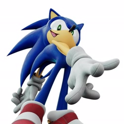 Size: 2048x2048 | Tagged: safe, artist:srefreshproject, sonic the hedgehog, hedgehog, 2026, 3d, from below, hand out, looking at viewer, looking down, looking down at viewer, male, mouth open, simple background, smile, soap shoes, solo, standing, white background