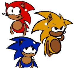 Size: 929x860 | Tagged: safe, artist:calebb_draws, sonic the hedgehog, hedgehog, 2026, brothers, crying, frown, male, segasonic bros, siblings, simple background, smile, sweatdrop, tears, trio, white background