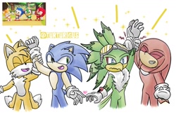 Size: 1200x803 | Tagged: safe, artist:turturi6us, jet the hawk, knuckles the echidna, miles "tails" prower, sonic the hedgehog, bird, echidna, fox, hedgehog, sonic rumble, 2026, eyes closed, frown, goggles, group, happy, holding arm, male, males only, mouth open, open smile, pain, posing, redraw, reference inset, signature, simple background, smile, sparkles, standing, victory pose, white background