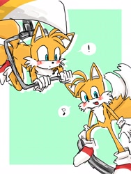 Size: 1536x2048 | Tagged: safe, artist:egg_azarashi, miles "tails" prower, fox, 2026, :o, blushing, border, duality, exclamation mark, hang glider, looking at viewer, looking down, male, mouth open, musical note, outline, rail grinding, railing, smile, solo, sonic the hedgehog 2 (8bit), speech bubble