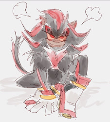 Size: 1158x1279 | Tagged: safe, artist:pespillo, shadow the hedgehog, monkey, 2026, angry, chest fluff, clenched teeth, eyelashes, frown, gelada, hand on ground, lidded eyes, male, shoulder fluff, sketch, solo, species swap, yellow eyes