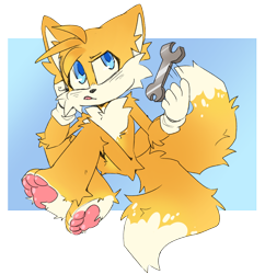 Size: 2048x2116 | Tagged: safe, artist:sonicspeeding, miles "tails" prower, fox, 2026, ankle fluff, arm fluff, barefoot, chest fluff, ear fluff, flat colors, fluffy, head rest, knee fluff, leg fluff, looking offscreen, male, pawpads, paws, shoulder fluff, sitting, solo, tail fluff, throwing, tongue out, wrench
