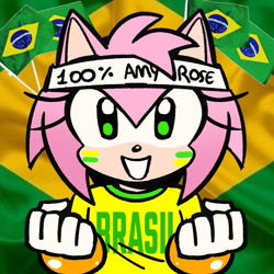 Size: 1496x1496 | Tagged: safe, artist:amydaily, amy rose, hedgehog, 2026, brazilian flag, clenched fists, clenched teeth, clothes, country flag, english text, face paint, female, flag, flat colors, football world cup, headband, looking at viewer, shirt, smile, solo, text, words on a shirt