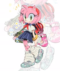 Size: 1720x2048 | Tagged: safe, artist:dokukiui, amy rose, chao, alternate outfit, alternate shoes, boxing gloves, echo background, leg warmers, school uniform, sneakers, solo