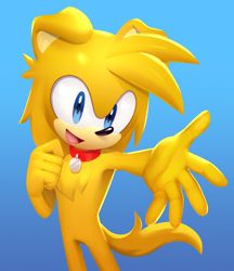 Size: 1080x1251 | Tagged: safe, artist:soleonthehedgehog, oc, oc:jamie the dog, dog, 2026, absurd res, blue eyes, chest fluff, collar, gradient background, lineless, looking at viewer, male, mouth open, oc only, open smile, reaching out, reaching towards the viewer, smile, solo, standing, yellow fur