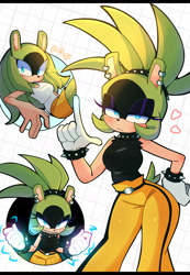 Size: 1280x1846 | Tagged: safe, artist:daihoney, surge the tenrec, tenrec, electricity, female, frown, hair down, hand on hip, heart, l sign, smile, solo, standing, surprised, triality