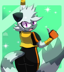 Size: 1600x1821 | Tagged: safe, artist:amiralsei, tangle the lemur, lemur, 2026, female, from behind, hand up, looking at viewer, looking back, looking back at viewer, mouth open, open smile, smile, solo, sparkles, standing, thumbs up