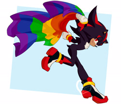 Size: 2048x1803 | Tagged: safe, artist:sonic-anomaly, shadow the hedgehog, hedgehog, 2021, flag, gay pride, holding something, looking at viewer, male, pride, pride flag, rainbow flag, smile, solo, treads, watermark