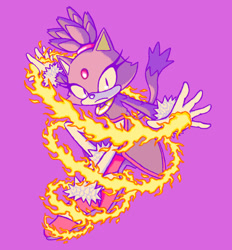 Size: 575x620 | Tagged: safe, artist:flambyyyy, blaze the cat, cat, 2026, arms out, eyestrain, female, fire, flame, frown, looking at viewer, purple background, simple background, solo