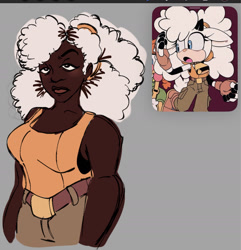 Size: 1819x1884 | Tagged: safe, artist:charmsterz, lanolin the sheep, human, 2026, blushing, dark skin, frown, grey background, humanized, looking offscreen, reference inset, simple background, solo, standing