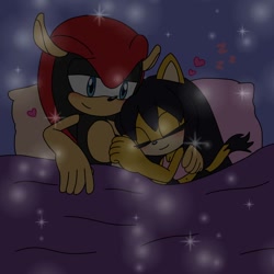 Size: 1254x1254 | Tagged: safe, artist:isaahvieiraa2010, honey the cat, mighty the armadillo, cat, hedgehog, 2026, alternate outfit, bed, blanket, blushing, clothes, cute, dark, duo, eyes closed, female, hand on another's back, heart, honey x mighty, indoors, looking at them, male, nighttime, pillow, shipping, sleeping, smile, sparkles, straight
