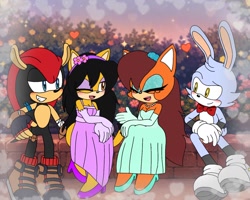 Size: 1402x1122 | Tagged: safe, artist:isaahvieiraa2010, feels the rabbit, honey the cat, mighty the armadillo, tiara boobowski, cat, hedgehog, rabbit, 2026, adult, ai background, alternate outfit, blushing, bowtie, bush, clothes, eyes closed, female, happy, honey x mighty, long hair, looking at each other, male, necklace, older, one eye closed, quartet, shipping, sitting, sparkles, straight, talking, tiara x feels