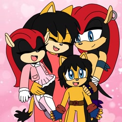 Size: 1254x1254 | Tagged: safe, artist:isaahvieiraa2010, honey the cat, mighty the armadillo, oc, oc:power the cat (isaahvieiraa2010), oc:sweet the armadillo (isaahvieiraa2010), cat, hedgehog, 2026, abstract background, adult, carrying them, child, cute, dress, ear piercing, eyes closed, family, fankid, father and child, father and daughter, father and son, female, hand on another's shoulder, happy, honey x mighty, long hair, looking at them, looking at viewer, male, mother and child, mother and daughter, mother and son, open smile, parent:honey, parent:mighty, parents:mightoney, piercing, quartet, shipping, smile, sparkles, standing, straight