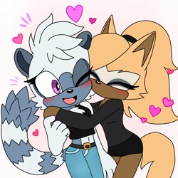 Size: 1254x1254 | Tagged: safe, artist:isaahvieiraa2010, tangle the lemur, whisper the wolf, hedgehog, wolf, 2026, alternate outfit, blushing, clothes, cute, eyes closed, female, fully clothed, happy, heart, kiss, kiss on cheek, lesbian, one eye closed, pants, quartet, shipping, shirt, shorts, simple background, t-shirt, tangle x whisper
