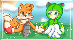 Size: 2975x1631 | Tagged: safe, artist:lilcookiebug, cosmo the seedrian, miles "tails" prower, fox, seedrian, 2023, blushing, daytime, duo, female, flower, hill, holding hands, looking at each other, male, shipping, sitting, smile, smiling at each other, straight, tailsmo