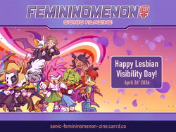 Size: 1600x1200 | Tagged: safe, artist:sonic-femininomenon-zine, agent topaz, amy rose, nicole the hololynx, rouge the bat, sally acorn, tangle the lemur, tekno the canary, whisper the wolf, human, 2026, blushing, carrying them, english text, female symbol, gay pride, gradient background, group, lesbian, lesbian pride, lesbian symbol, lesbian visibility day, linking arms, nicole x sally, petal, petals, pride, progress pride, rouge x topaz, sapphic, sapphic pride, shipping, smile, tangle x whisper, teknamy, text