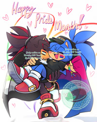 Size: 1600x2000 | Tagged: safe, artist:mintiiorweeos, shadow the hedgehog, sonic the hedgehog, 2026, agender, agender pride, bisexual, bisexual pride, blushing, cap, carrying them, cute, duo, english text, exclamation mark, eyes closed, flag, gay, hat, heart, holding something, ponytail, pride, pride flag, shadow x sonic, shadowbetes, shipping, shirt, smile, sonabetes, standing, standing on one leg, text, watermark